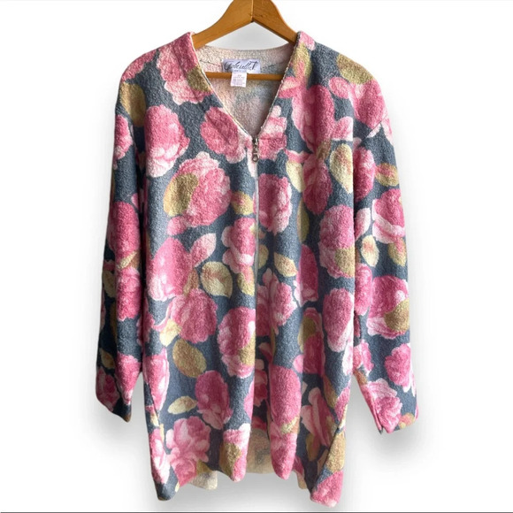 Vintage 1990s Gabriella T. Italian Wool Blend Floral Full Zip Sweater 2X - Picture 1 of 3